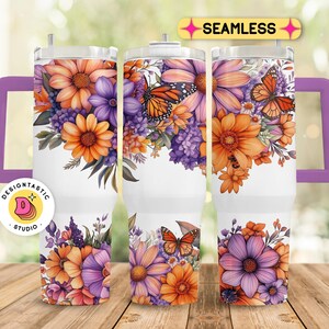 Boho Flowers 40 oz Tumbler Wrap, Butterfly 40 oz Tumbler PNG, Floral 40oz Sublimation Tumbler Design, 40oz Vintage Quencher Handle Template
