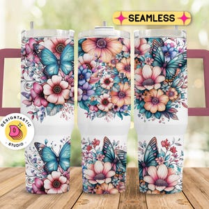 Boho Flowers 40 oz Tumbler Wrap, Butterfly 40 oz Tumbler PNG, Floral 40oz Sublimation Tumbler Design, 40oz Vintage Quencher Handle Template
