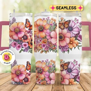 Boho Flowers 40 oz Tumbler Wrap, Butterfly 40 oz Tumbler PNG, Floral 40oz Sublimation Tumbler Design, 40oz Vintage Quencher Handle Template