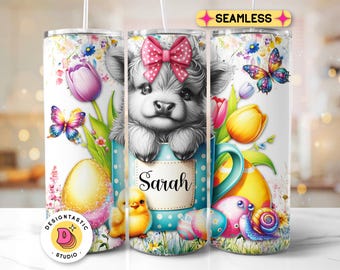 Personalized Cute Highland Cow Easter Spring 20 oz Skinny Tumbler Sublimation Design Custom Digital PNG Instant Download Add Your Name Print