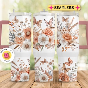 Boho Flowers 40 oz Tumbler Wrap, Butterfly 40 oz Tumbler PNG, Floral 40oz Sublimation Tumbler Design, 40oz Vintage Quencher Handle Template