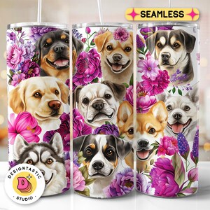 Cute Dogs and Wildflowers Tumbler wrap, Nature Spring Lover PNG 20 oz Skinny Tumbler Sublimation Digital Download Seamless Printable Design