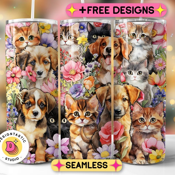 Dogs And Cats Tumbler wrap PNG 20 oz Skinny Tumbler Sublimation Floral tumbler Digital instant Download Printable Design For Dog Cat Lovers