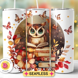 Owl and Floral Books 300 dpi PNG 20 oz Skinny Tumbler Sublimation Design For Reading Lovers Teachers Digital Download Botanical Boho Flowers