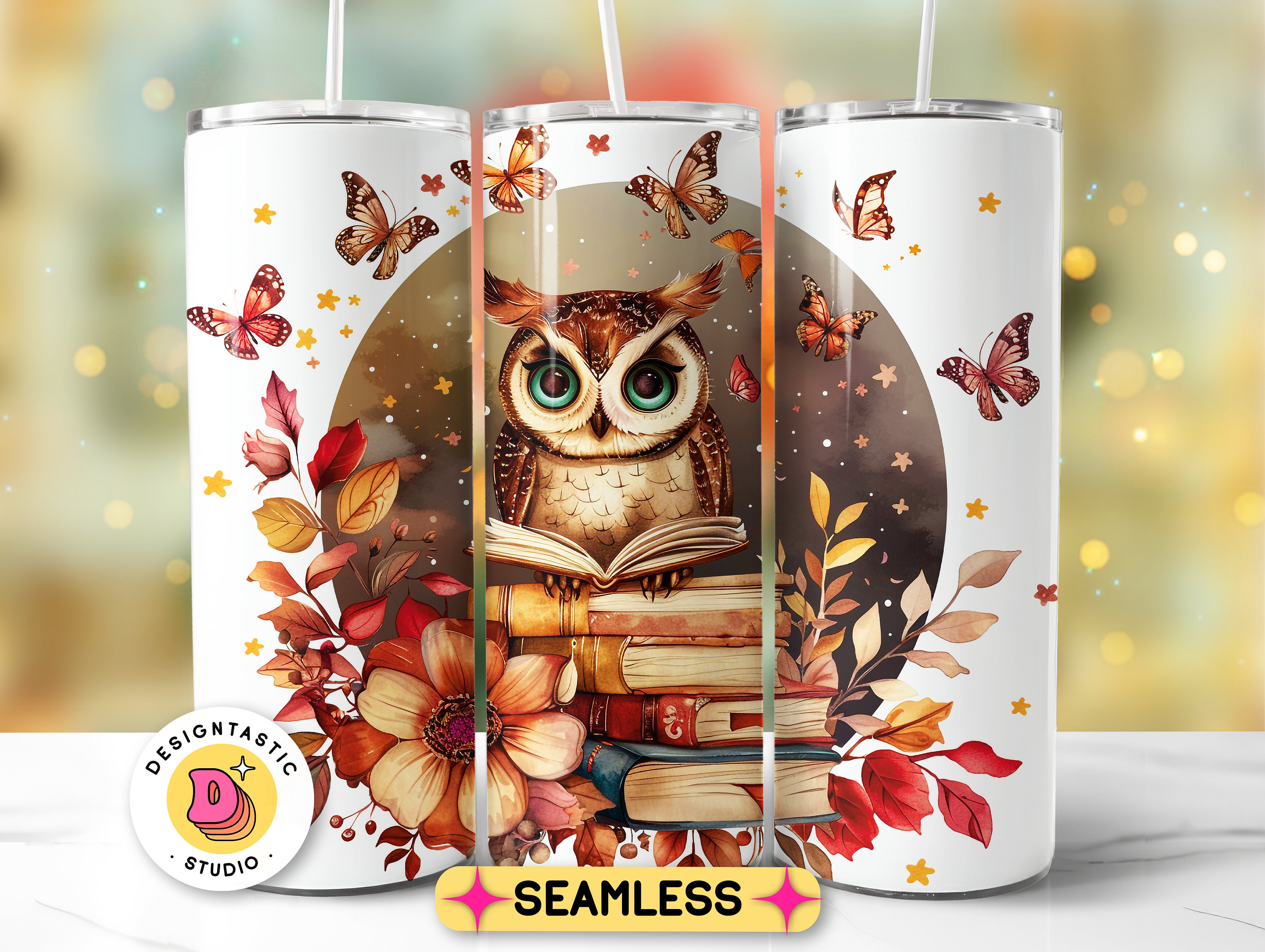 Owl and Floral Books 300 dpi PNG 20 oz Skinny Tumbler Sublimation Design For Reading Lovers Teachers