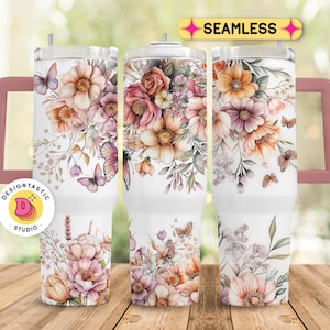 Boho Flowers 40 oz Tumbler Wrap, Butterfly 40 oz Tumbler PNG, Floral 40oz Sublimation Tumbler Design, 40oz Vintage Quencher Handle Template