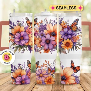 Boho Flowers 40 oz Tumbler Wrap, Butterfly 40 oz Tumbler PNG, Floral 40oz Sublimation Tumbler Design, 40oz Vintage Quencher Handle Template