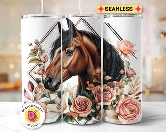 Brown Boho Horse Floral 20 oz Skinny Tumbler Wrap Sublimation, Farm Ranch Animal Lover Tumbler For Spring, Flowers and Horse Digital Design