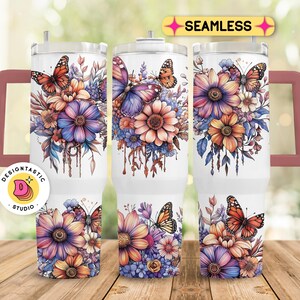 Boho Flowers 40 oz Tumbler Wrap, Butterfly 40 oz Tumbler PNG, Floral 40oz Sublimation Tumbler Design, 40oz Vintage Quencher Handle Template