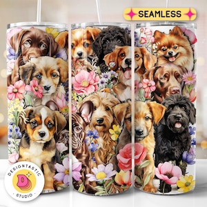 Cute Dogs and Wildflowers Tumbler wrap, Nature Spring Lover PNG 20 oz Skinny Tumbler Sublimation Digital Download Seamless Printable Design
