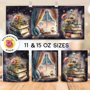 Celestial Floral Books 11 i 15oz PNG Kubek Projekt Dla Miłośników Czytania, Cottagecore Sublimacja Druk, Czytelnicy Cyfrowe Pobieranie Kubka Do Kawy