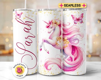 Personalized Pink Unicorn Tumbler Wrap, Girl Customized 20 oz Tumbler Sublimation, Custom Kids Tumbler PNG, Add Your Name Printable Design