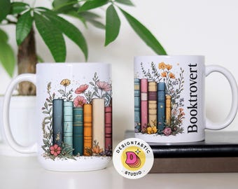 Booktrovert Floral stack of Books 11 and 15oz PNG Mug Wrap Sublimation Design, Reading Lover Digital Download, Spring Bookworm Reader Print