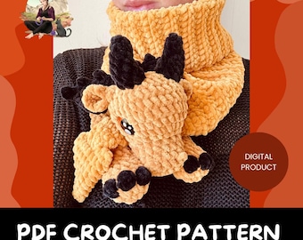 May include: A crocheted dragon scarf in shades of yellow and black. The scarf is wrapped around a person's neck, with the dragon's head and paws visible. The text "PDF CROCHET PATTERN" is displayed at the bottom of the image.