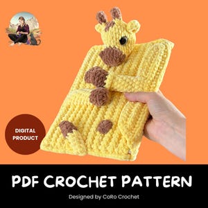 May include: A yellow crochet giraffe-shaped pillow with brown spots and a giraffe head. The pillow is held by a hand. The image also includes the text "DIGITAL PRODUCT" and "PDF CROCHET PATTERN Designed by CoRo Crochet."