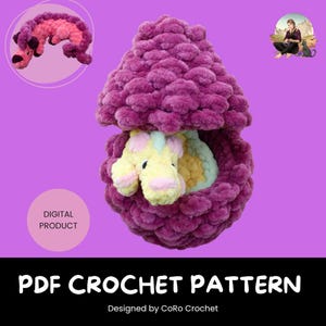 May include: A digital product image features a plush, purple crocheted mushroom with a yellow and white crocheted unicorn inside. A smaller crocheted dragon is in the upper left corner. The text "PDF CROCHET PATTERN" is at the bottom.