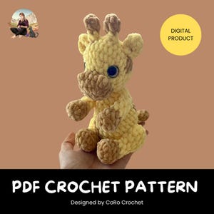 Könnte beinhalten: Ein Häkelmuster für ein gelbes und braunes Giraffen-Amigurumi-Spielzeug. Das Muster ist ein digitaler Download und als PDF erhältlich.