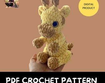 May include: A crochet pattern for a yellow and brown giraffe amigurumi toy. The pattern is a digital download and is available as a PDF.