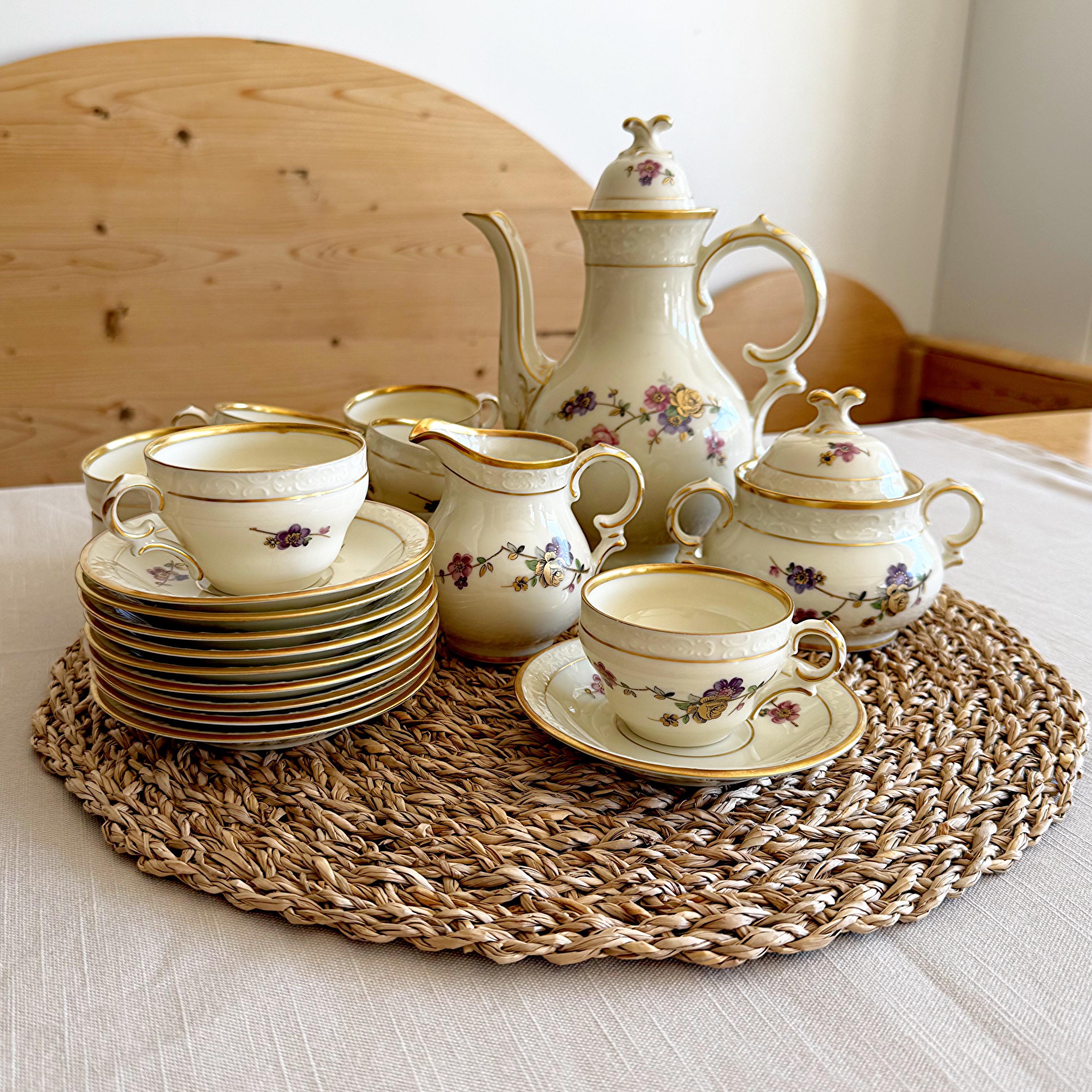 ヴィンテージ 1930年代 KPM デンマーク磁器ティーセット：手描きの花柄