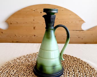 Vintage 1950s Bo Fajans Sweden Ceramic Decanter Carafe Green And Black Glaze