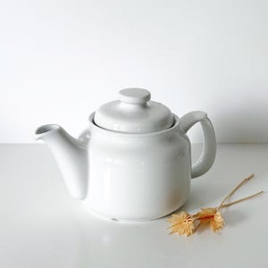 May include: A white ceramic teapot with a lid and handle. The teapot has a curved spout and a rounded body. A small, dried flower arrangement rests beside the teapot. The teapot is a classic design, suitable for serving tea.