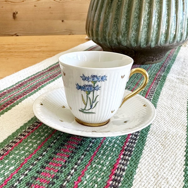 Vintage 1940s Demitasse Porcelain Espresso Coffee Cup & Saucer In Blue Cornflower Designed By Louise Adelborg Made By Rörstrand Sweden