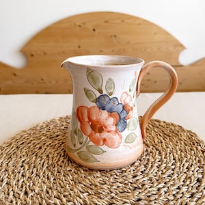 Vintage 1970s La Poterie Provence France Floral Hand Painted Terracotta Jug