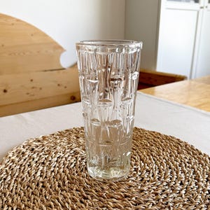 Vintage 1970s Czechoslovakian Pressed Glass Vase Clear Geometric Pattern Mid Century Bohemia Crystal Style