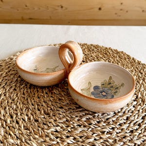 Vintage 1970s French Double Bowl with Handle by La Poterie Provence – Rustic Terracotta Ceramic
