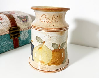 Vintage 1970s Hand Painted Ceramic Coffee Capsule Storage Jar With A Fruit Motif Made By La Poterie Provence France