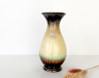 Vintage 1960s Bay Keramik Vase 534-18 West German Pottery Brown Beige Green Gold Rim