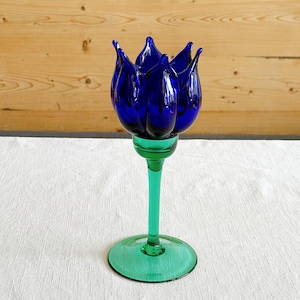 Vintage Nybro Schweden Kunst Glas Tulip Kerzenhalter: Kobalt Blau & Grün Skandinavischen Dekor
