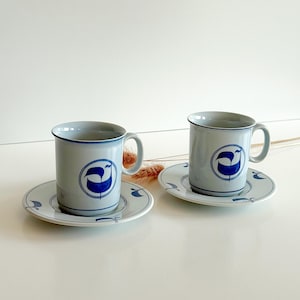 Vintage 1979 Gustavsberg Sweden Ming Series By Stig Lindberg – 2 Cups and Saucers – Light Blue Navy Scandinavian Stoneware Tableware