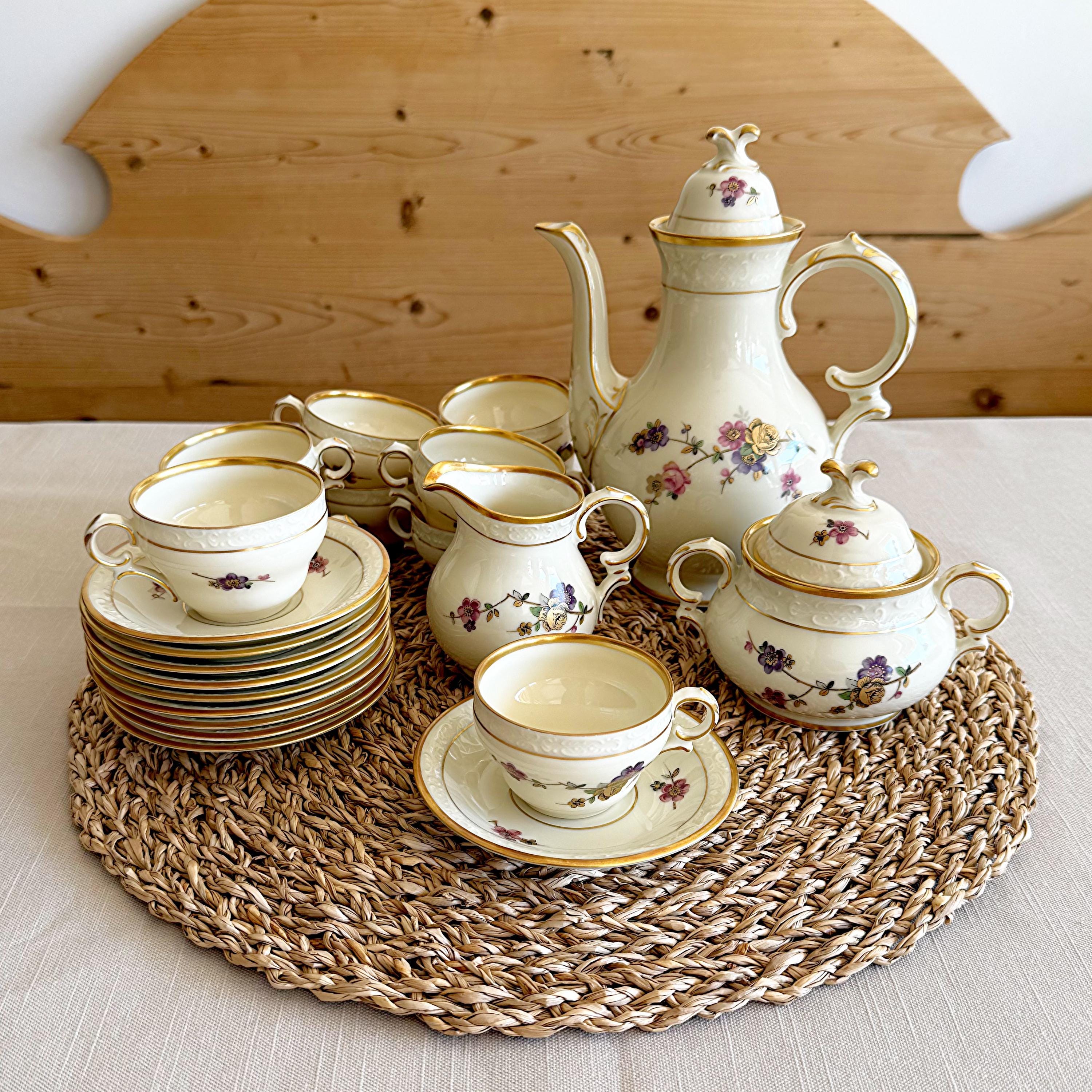 【おまけ付き】アンティークプリント ウェアセット ヴィンテージ 1930年代 KPM デンマーク磁器ティーセット：手描きの花柄