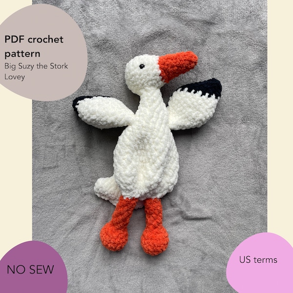 Suzy the Stork Lovey Big Crochet Pattern NO SEW | Stork Security Blanket Toy | Lovey Crochet Pattern | Baby Comforter | Baby Snuggler |