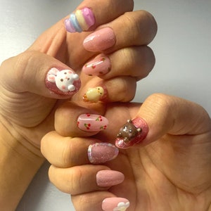 3D Bear, Rabbit Bunny, Chick Press on Nails, Handmade Korean Reusable Fake Nails