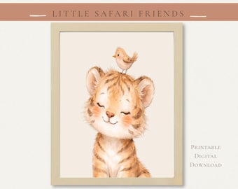 Lámina decorativa infantil de bebé tigre en acuarela, estampado de animales de safari, decoración bohemia para habitaciones infantiles (descarga digital)