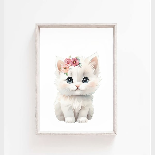 Kitten with Flower Crown, Girls Bedroom Decor, Printable Digital Download, Kitten Wall Art, Baby Cat Poster, Baby Animal with Floral Crown