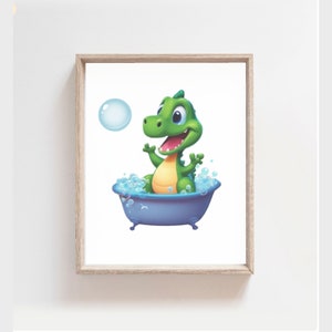 Dinosaur in a Bathtub Print, Child&#39;s Bathroom Art PRINTABLE, Dinosaur Taking a Bubble Bath, Jurassic Bathroom Décor, Kids Bathroom Wall Art