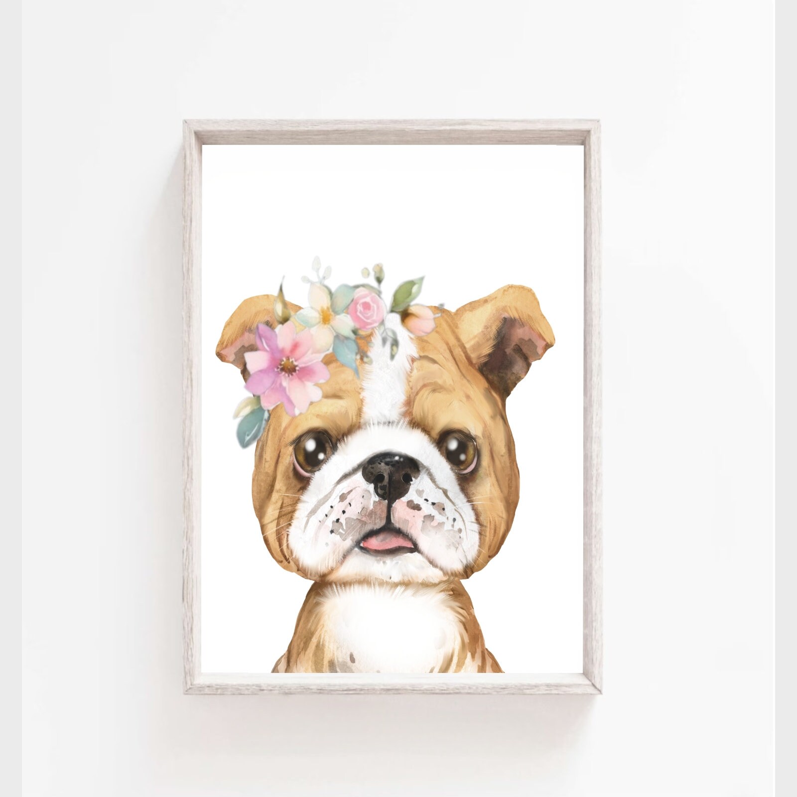 Puppy Decor, English Bulldog  Nursery Puppy Print, PRINTABLE, Watercolor Puppy with Flower Crown, Baby Girl Room Décor, Bulldog Wall Art