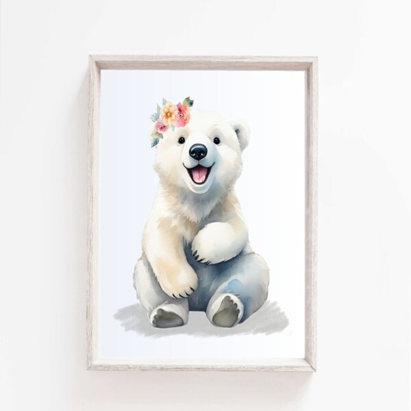 Cute Bear, Floral Crown Bea, Baby Woodland Animals, Baby Animal Nursery Wall Art, Girls Room Decor, Baby Bear Woodland, Baby girl decor