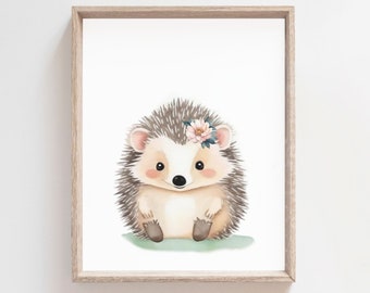 Hedgehog Print, Printable Wall Art, Floral  Nursery Wall Decor, Watercolor Hedgehog Painting, Baby Girl Nursery Art, Floral Woodland Art,
