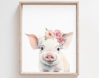Pig Poster, Pig with Flowers Print, Farm Animal Wall Art, Farmhouse Girls Nursery, Girls Bedroom Decor, Printable Poster, Piglet Print Art