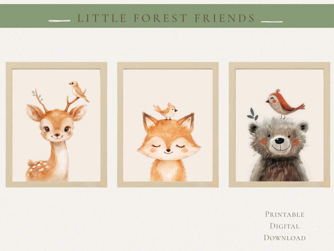 Woodland Nursery Wall Art Set of 3, Neutral Forest Animal Prints, Baby ...