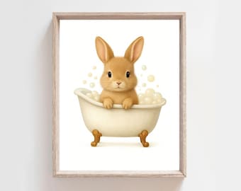 Kinder Badezimmer Kunstdruck, süßes Badezimmer Kunstwerk, Kinder Tier Kunst, Bauernhof Badezimmer Kunst, Kinder Badezimmer Kunst Tier, Hase in der Badewanne Druck
