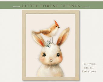 Woodlan Art Print, Forest Friends Nursery Decor, Bunny Wall Art, Neutral Nursery, Rabbit Prints (Digital Download)