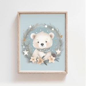 PRINTABLE, Polar Bear,  Nursery Decor, Baby Shower Gift, boys Wall Art, Kids bear Print, wreath prints, polar bear poster, baby bear art
