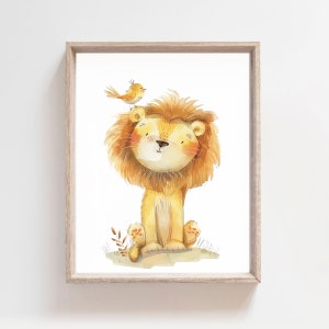 PRINTABAEL Bonito póster de león bebé, Decoración de pared de guardería para sala de juegos para niños, Regalo de póster para baby shower, Arte de acuarela de león, Decoración delicada de guardería