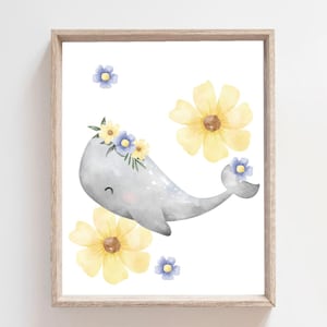 Whale Print, Printable Wall Art, Beach Nursery Decor, Whale Nursery Decor, Girls Room Decor, Watercolor Whale Art, Floral Nurser