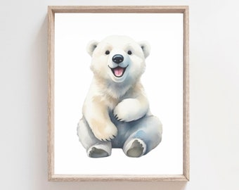 Watercolor Baby Polar Bear Print, Arctic Nursery Decor (Digital Download)